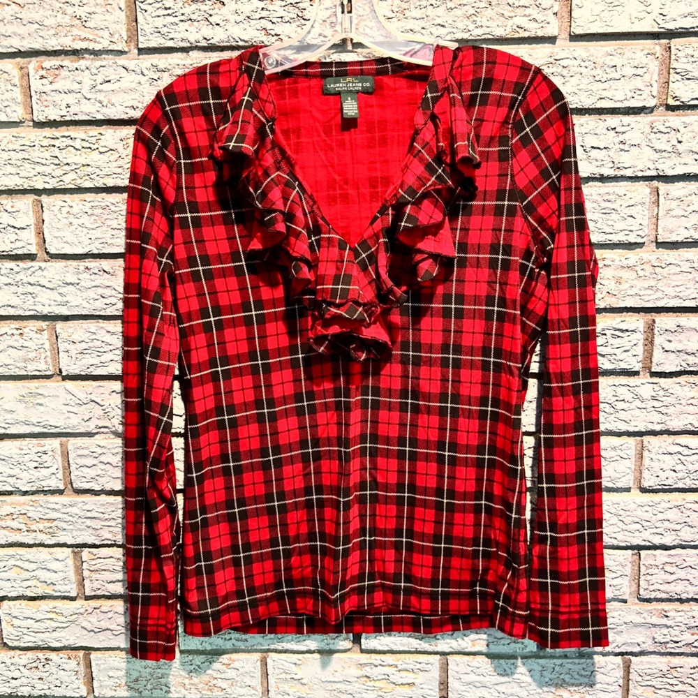 Lauren Ralph Lauren‎ Red Black Plaid Ruffle V-Neck Long Sleeve Top Small